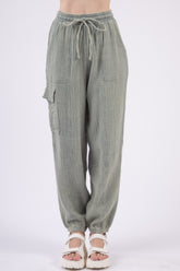 VERY J Women's Crinkle Gauze Drawstring Pants - Stylish & Comfortable Cotton Trousers